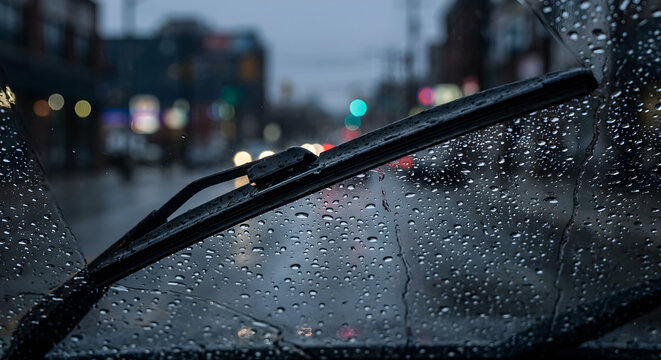 Car Windshield Covered with Rain Drops and Frameless Wiper Blade, Close Up.