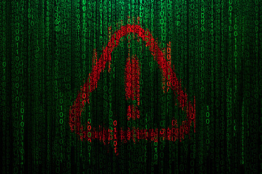 Abstract cyber security background with green binary code and red warning exclamation mark symbol. Digital technology concept of cyber attack, system threat, malware. AI broke the code, creative