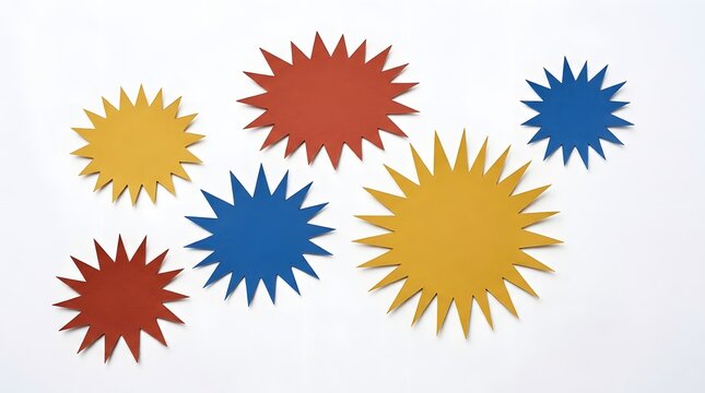 Multicolor starburst stickers arranged for promotional labels and retail discount tag designs.
