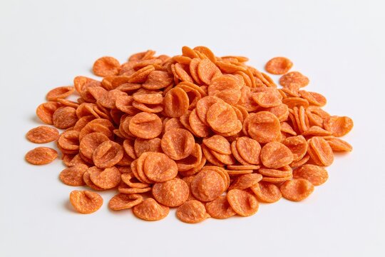 A pile of raw orange lentil seeds isolated on white background