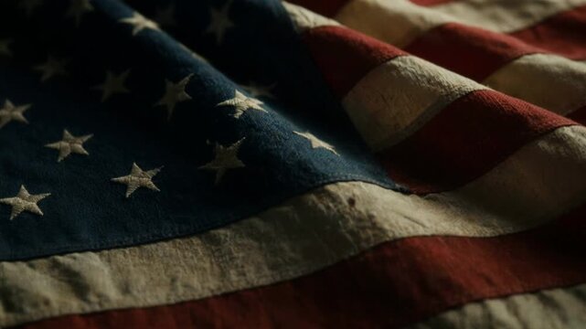 Waving American flag features textured fabric ripples under dramatic lighting. Atmospheric movement highlights stars and stripes across rustic cloth with historical, patriotic emotion.