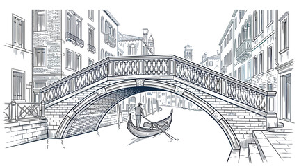 Hand-drawn bridge over canal with gondola and buildings © Ardhyapananisedu