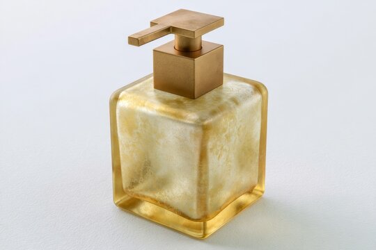 Luxury gold soap dispenser with frosted glass texture isolated on white background