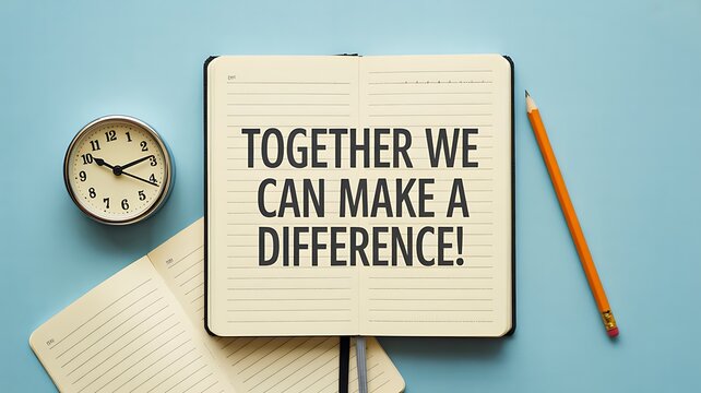 Together we can make a difference concept with notebook, clock, pencil, and inspirational message
