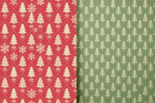 Seamless christmas pattern with white trees and snowflakes on red and green backgrounds
