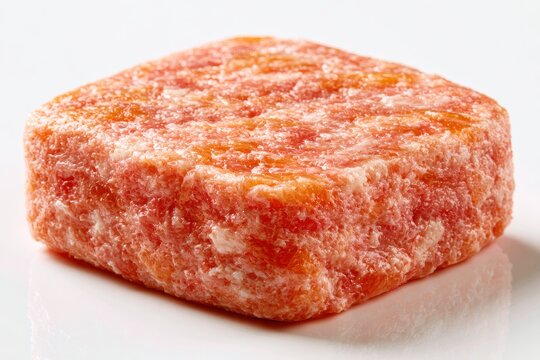 A squareshaped block of raw minced meat isolated on white background