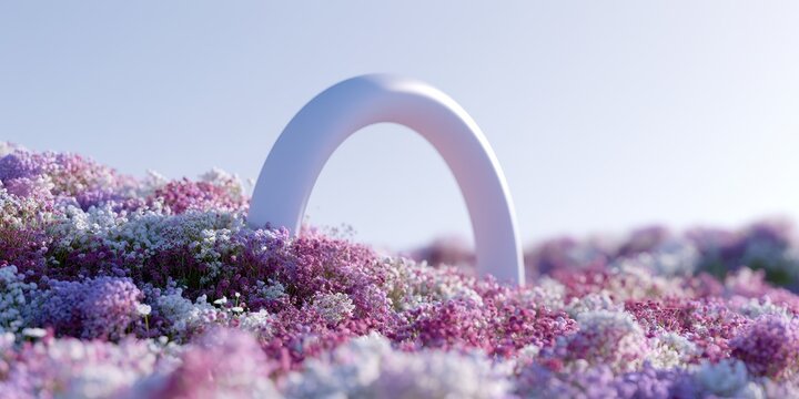 A minimalist white arch sculpture standing in a lush field of purple and white flowers under a clear blue sky, soft focus background