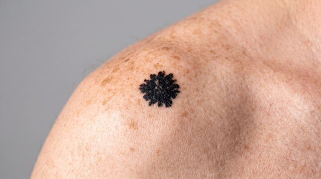 Irregular dark dysplastic nevus suspicious for malignant melanoma on fair freckled shoulder