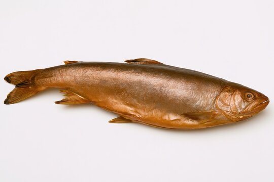 Whole smoked fish golden brown trout isolated on white background