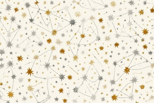 Seamless pattern with gold and silver celestial stars and constellations on a cream background, elegant astronomical design