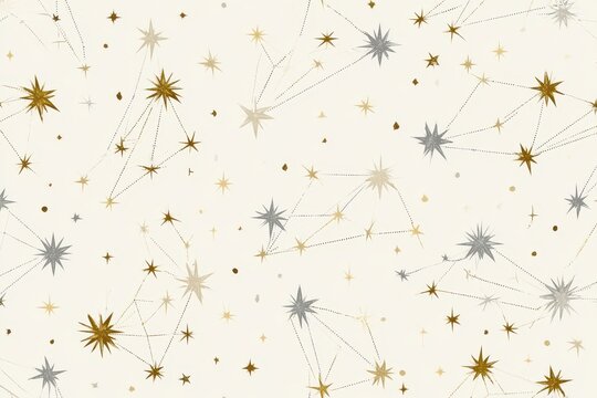 Seamless pattern featuring gold and silver stars and constellations on a light cream background, celestial aesthetic