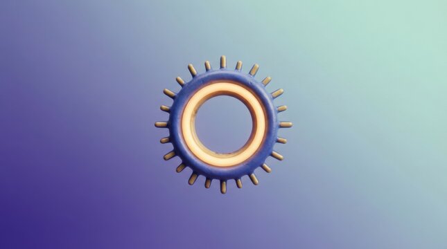 3D render of a circular gear icon with radial spikes in blue and gold colors on a soft gradient