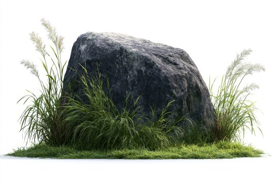 Large dark grey boulder with tall ornamental grass isolated on white background