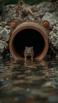 Wild rat emerging from old rusty metal drainage pipe, looking out from dark sewer opening over water