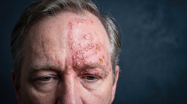 Senior man with painful herpes zoster shingles rash and blisters along forehead trigeminal nerve