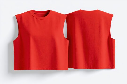 Front and back view of a red sleeveless crop top tshirt isolated on white background