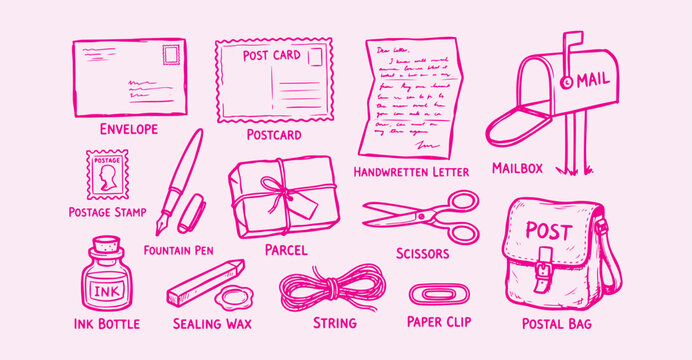 Vintage Mail and Postal Service Hand Drawn Line Art Vector Set with Envelope, Postcard, Letter, Mailbox, Postage Stamp, Fountain Pen, Parcel, Ink Bottle and Sealing Wax