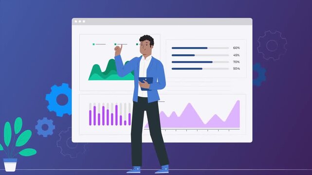 Businessman presenting financial data growth charts in animated corporate video motion graphics clip with blue gear background
