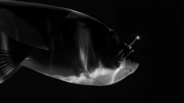Deep sea anglerfish swimming with illuminated lure in dark underwater environment