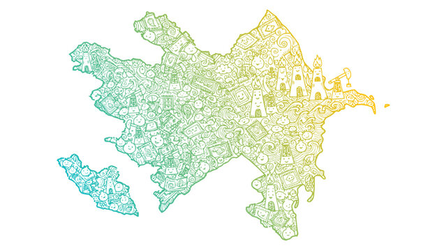 Doodle Map of Azerbaijan with Oil, Culture, Landmarks and Caspian Sea &mdash; Hand-Drawn Line Art
