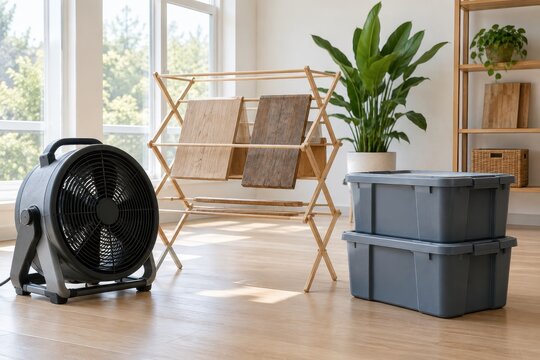 drying fans and storage boxes fill a damaged room