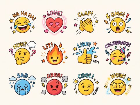 A collection of twelve vibrant cartoon emoji stickers expressing various human emotions and reactions like joy, love, anger, sadness, surprise, and celebration.