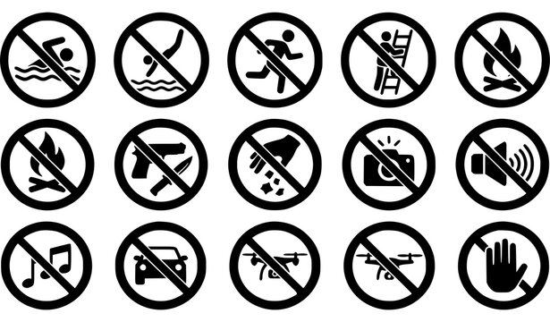 Collection of prohibition signs depicting various restricted activities and dangers