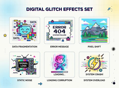 A set of six colorful illustrations depicting various digital glitch effects and system errors like data fragmentation, pixel shift, and system crash.