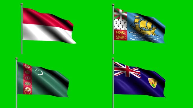 Country flags stand on green screen in a varied four-flag global grouping, presenting geography, identity, culture, travel, diplomacy, and heritage for advertising, editorial work, and education.