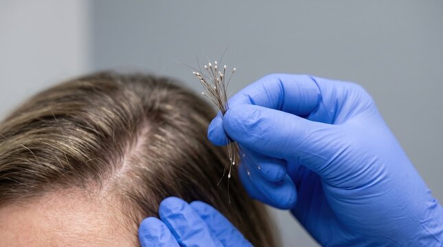 Trichologist in protective gloves holding extracted hair follicles for FUE hair transplant procedure