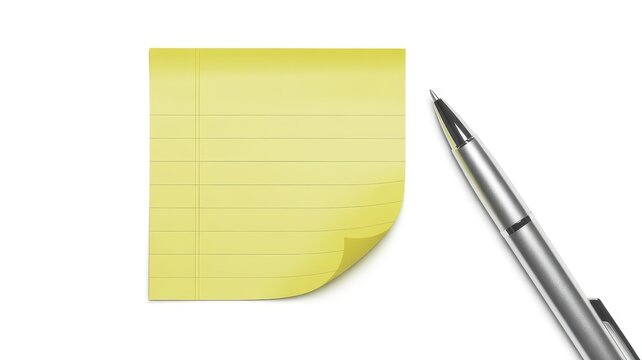 Yellow lined sticky note with a pen isolated on a white background