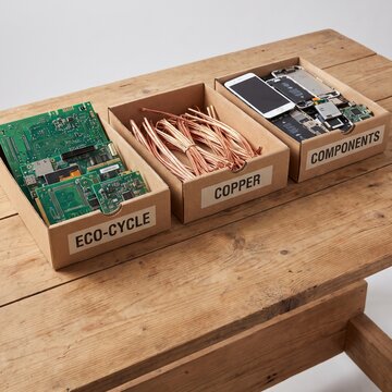 Sorted electronic circuit boards organized in recycling bins e-waste management concept