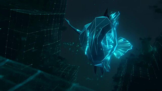 Bioluminescent anglerfish swimming in deep ocean digital environment with fish moving