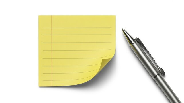 Yellow lined sticky note with a silver pen isolated on white background
