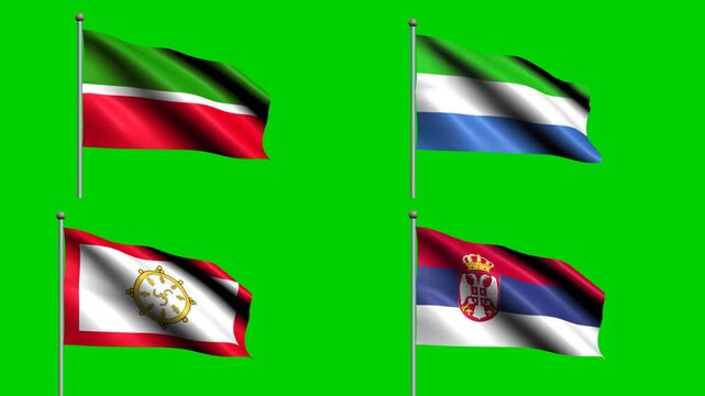 World flags wave on green screen in an open four-flag square layout, showing geography, identity, culture, travel, diplomacy, and symbolism for global communication, education, and stock content.