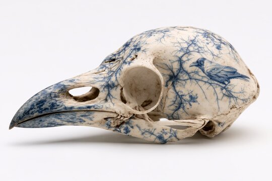 Artistic bird skull decorated with blue floral patterns and a crow illustration isolated on white background
