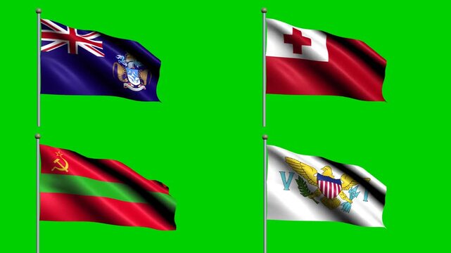 World flags wave on green screen in a structured four-flag country collage, showing geography, identity, culture, travel, diplomacy, and symbolism for stock media, publishing, and travel content.