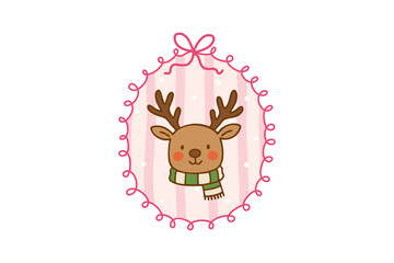 Cute cartoon reindeer wearing green striped winter scarf inside pink oval frame Design © Digital