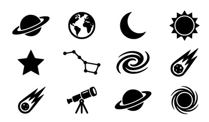 Black silhouette icons representing planets stars and other celestial objects in space © Shamim