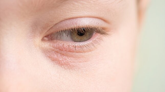 Extreme close up of dry flaky skin and mild atopic eczema on lower eyelid of woman eye