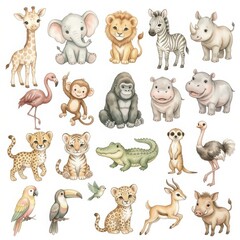 Fototapeta premium Cute Safari Baby Animals Clipart Collection Isolated on White Background