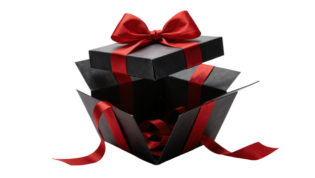 Black gift box with red ribbon open and revealing contents, isolated on transparent background