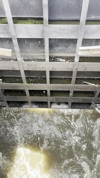 Sluice gates have been opened to allow water to flow into the Nong Bon retention basin&mdash;addressing flooding in eastern Bangkok&mdash;before the water is diverted into the giant drainage tunnel for discharge 
