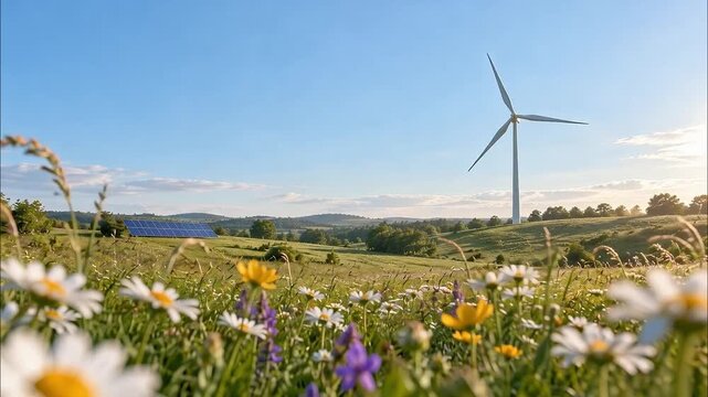 Wind turbine and solar panels behind wildflower meadow, clean energy landscape