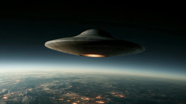 An unidentified flying object is flying above Earth during the night. City lights can be seen illuminating the ground below. The scene captures a mysterious moment in the sky.