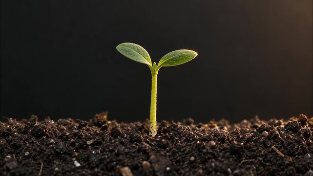 Seedling sprouting from soil and opening first leaves, growth time lapse