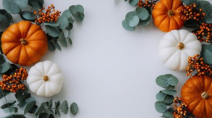 Obraz premium Autumn floral arrangement with small pumpkins, berries, dried flowers, and eucalyptus on textured backdrop, top view composition with warm seasonal colors and copy space