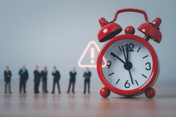 Fototapeta premium Red alarm clock with glowing warning sign and miniature business people symbolize urgent deadlines from time pressure, project delays and business risk awareness.