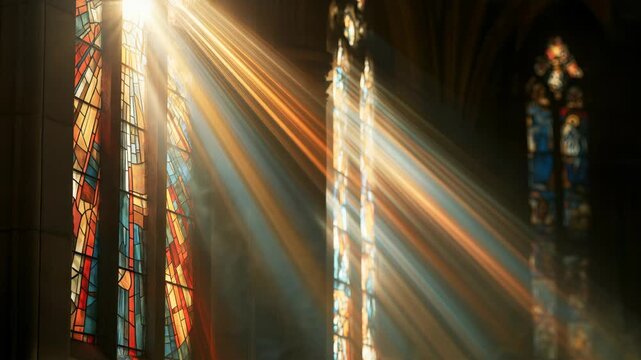 Bright light comes through colorful stained glass windows in a church. It creates a beautiful display inside the building. The patterns and colors are visible as the sun rises.