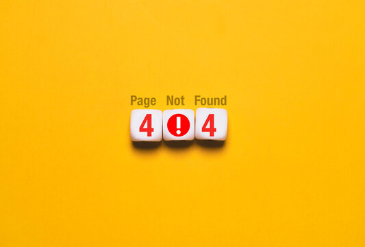 404 Page Not Found error concept with red numbers and exclamation mark on white blocks against a bright yellow background representing broken links, missing webpages and website navigation issues.